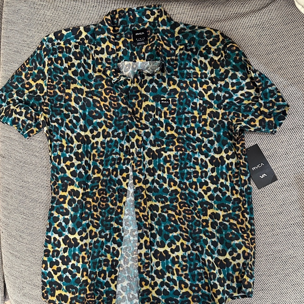 RVCA Men's Casual Leopard Print Shirt - Blue and Brown